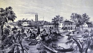 Currier & Ives -kuvitus 1800-luvulta. Korkea vesi Mississippissä tekijältä N. and Ives, J.M. Currier