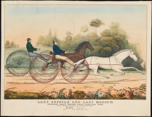 "Lady Suffolk" ja "Lady Moscow", Hunting Park Course, Philadelphia, 13. kesäkuuta 1850 (käsinvärinen lito) tekijältä N. and Ives, J.M. Currier