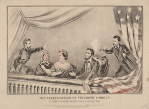 Presidentti Lincolnin salamurha Fordsin teatterissa, Washington, 1865 (käsin värjätty litografia) tekijältä N. and Ives, J.M. Currier