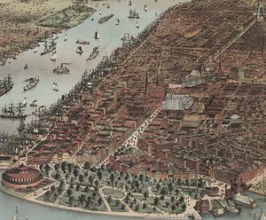 New Yorkin kaupunki (yksityiskohta), 1883 tekijältä N. and Ives, J.M. Currier