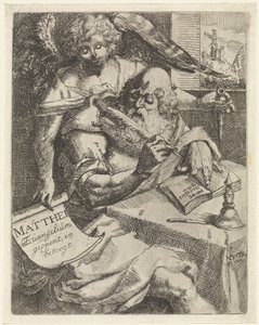 Matteus evankelista Matthei Evangelium avaa ja väittelee (otsikko esineessä) Nimisivu: S. van Til, Het euangelium des H. Apostles Matthæi (...) avattu lyhyillä muistiinpanoilla, 1687 tekijältä N. van Til