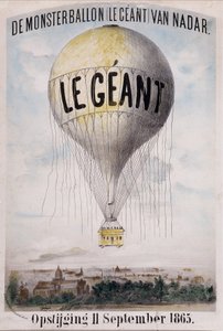 De Monsterballon (Le Giant) van Nadar Opstijging 11. syyskuuta 1865. Hollantilainen mainos pallon purkamisesta "The Giant" 11. syyskuuta tekijältä Nadar