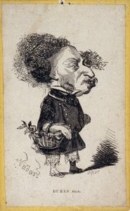Ranskalaisen kirjailijan Alexandre Dumas Jr. (1824-1895) muotokuvakuorma (portrait-charge). Gaspard Felix Tournachonin sarjakuva Felix Nadarissa (1820-1910). tekijältä Nadar