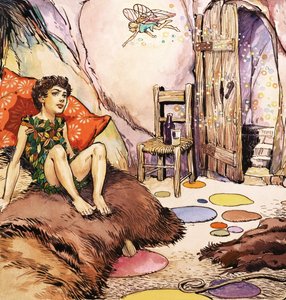 Peter Pan puhuu Helinä-keijulle, kuvitus J.M. Barrien kirjasta Peter Pan (guassi paperille). tekijältä Nadir Quinto