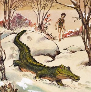Peter seuraa krokotiilia, kuvitus J.M. Barrien Peter Pan -teoksesta (guassi paperille).