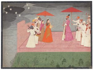 Muusikot soittavat ragaa Balwant Dev Singhille sadekauden aikana, n. 1745-50
