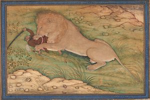 Metsästyksen vaarat, Leijona syöksyi metsästäjän päälle, n. 1615 (läpinäkymätön wc silkillä) tekijältä Nanha