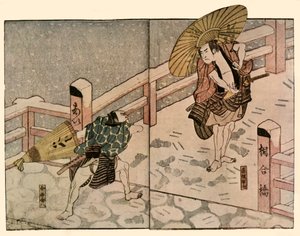 Avojaloin miehiä aurinkovarjoineen lumessa, 1811, 1924. tekijältä Naniwa Shunkosai