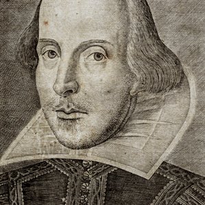 Yksityiskohta William Shakespearen muotokuvasta teoksen Comedies, histories,  t.... tekijältä Nathan Benn