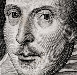 Yksityiskohta William Shakespearen muotokuvasta teoksen Comedies, histories,  t.... tekijältä Nathan Benn