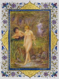 Valaistu sivu Shakespearen sonettien kirjasta, jossa on alaston nainen pastoraalifantasiassa.... tekijältä Nathan Benn