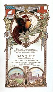 Rooster and Monuments, republikaanien kauppa-, teollisuus- ja maatalouskomitean juhlamenu tarjosi 22.11.1906 Lontoon Cityn kansainvälisen kaupallisen yhdistyksen edustajille tekijältä Nathan Weill