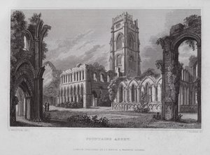 Fountains Abbey (kaiverrus) tekijältä Nathaniel (after) Whittock