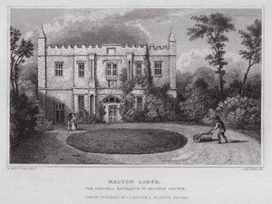 Malton Lodge, alkuperäinen sisäänkäynti Maltonin linnaan (kaiverrus) tekijältä Nathaniel (after) Whittock