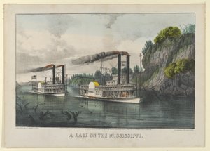 A Race on the Mississippi, 1870., 1870. Tekijät: Nathaniel Currier, James Merritt Ives, Currier ja Ives. tekijältä Currier and Ives