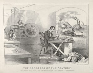 Vuosisadan edistys – Lightning Steam Press. Electric Telegraph. The Locom..., 1876. Tekijät: Nathaniel Currier, James Merritt Ives, Currier ja Ives.