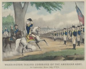 Washington ottaa amerikkalaisen armeijan komennon - Cambridgessa, Massachusettsissa, 3. heinäkuuta 17..., 1876. Tekijät: Nathaniel Currier, James Merritt Ives, Currier ja Ives. tekijältä Currier and Ives