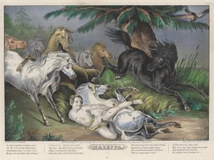 Mazeppa: Neljän (4) lautasen sarjan lautanen 3 (villihevosten ympäröimänä) tekijältä Nathaniel Currier
