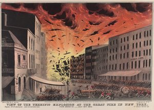 Näkymä hirvittävästä räjähdyksestä New Yorkin suuressa tulipalossa. Broad Streetiltä - 19. heinäkuuta 1845 tekijältä Nathaniel Currier