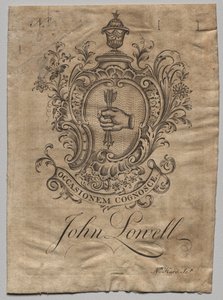 Kirjakilpi: Vaakuna, johon on kaiverrettu John Lowell tekijältä Nathaniel Hurd