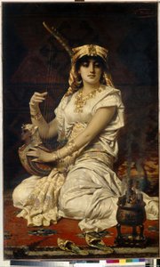 Almee (Almee). Muotokuva kauniista, oppineesta ja koulutetusta naisesta, soittaa musiikkia, pukeutunut egyptiläiseen pukuun. Nathaniel Sichelin (1843-1907) maalaus öljy kankaalle