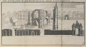 Etelänäkymä Holdenbyn talosta ja raunioista vuonna 1729 tekijältä Nathaniel and Samuel Buck