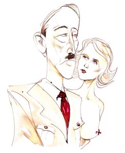 Adolf Hitler ja hänen rakastajattarensa Eva Braun - värillinen karikatyyri tekijältä Neale Osborne
