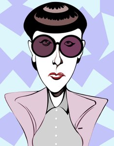 Edith Head, amerikkalainen pukusuunnittelija (1907 - 1981), värillinen karikatyyri tummilla silmälaseilla. tekijältä Neale Osborne