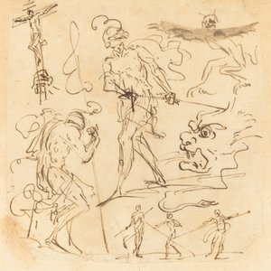 Tutkimuslehti sotilasta, joka vetää miekkaa, krusifiksia, hirviömäisiä eläimiä ja muita hahmoja tekijältä Neapolitan 17th Century