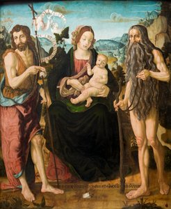 Neitsyt ja lapsi Pyhän Johannes Kastajan ja Pyhän Onufriuksen välillä (tempera paneelissa)