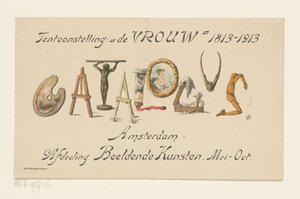 Ilmoituskortti näyttelystä De Vrouw, 1813-1913 (nimi esineessä) tekijältä Nelly Bodenheim (signed by artist)