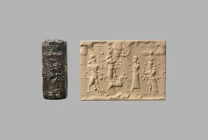 Sylinteritiiviste skorpionimiehen ja nykyajan vaikutelman kanssa, n. 8-7-luvulla eKr. (kvartsi, kryptokiteinen) tekijältä Neo Assyrian