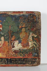 Yksityiskohta buddhalaisen käsikirjoituksen kannesta (läpinäkymätön akvarelli puulla) tekijältä Nepalese School