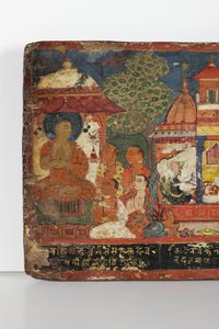 Yksityiskohta buddhalaisen käsikirjoituksen kannesta (läpinäkymätön wc puulla)
