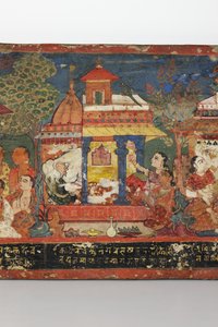 Yksityiskohta buddhalaisen käsikirjoituksen kannesta (läpinäkymätön wc puulla)