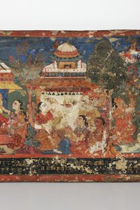 Yksityiskohta buddhalaisen käsikirjoituksen kannesta (läpinäkymätön wc puulla)