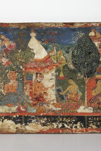Yksityiskohta buddhalaisen käsikirjoituksen kannesta (läpinäkymätön wc puulla)