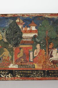 Yksityiskohta buddhalaisen käsikirjoituksen kannesta (läpinäkymätön wc puulla)