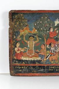 Yksityiskohta buddhalaisen käsikirjoituksen kannesta (läpinäkymätön wc puulla)