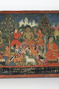 Yksityiskohta buddhalaisen käsikirjoituksen kannesta (läpinäkymätön wc puulla)