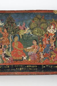 Yksityiskohta buddhalaisen käsikirjoituksen kannesta (läpinäkymätön wc puulla)
