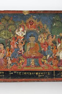Yksityiskohta buddhalaisen käsikirjoituksen kannesta (läpinäkymätön wc puulla)
