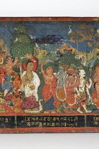 Yksityiskohta buddhalaisen käsikirjoituksen kannesta (läpinäkymätön wc puulla)