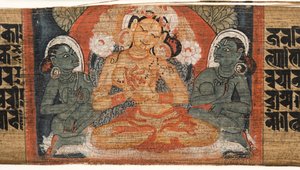Folio 2r Jumalatar Prajnaparamita, Astasahasrika Prajnaparamitasta (tussi ja värit palmunlehdille ja puulle) (yksityiskohta kuvasta 430760) tekijältä Nepalese School