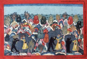 Krishna Fighting Jambavata, karhujen kuningas, n. 1775 tekijältä Nepalese School