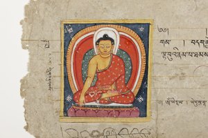 Sivu buddhalaisesta käsikirjoituksesta, mahdollisesti Mahashitalanikasta, n. 1400 (läpinäkymätön akvarelli ja muste paperille) tekijältä Nepalese School