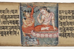 Sudhana polvistumassa bodhisattvan edessä, Gandavyuhasta (läpinäkymätön wc ja muste palmunlehdellä)