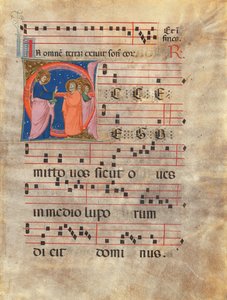 Antifoninen folio, jossa on historiallinen alkukirjain "E" (CBL W 195.097).