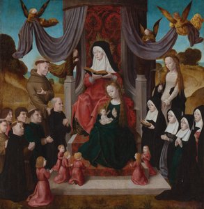 Neitsyt ja lapsi Pyhän Anna Anna Selbdrittin, pyhien Franciscuksen, Lidwinan ja lahjoittajien kanssa, n. 1490-1