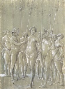 Viisi alastonsotilasta sauvoissa, kaksi kypärässä ja kolme alastonnaista, 1522